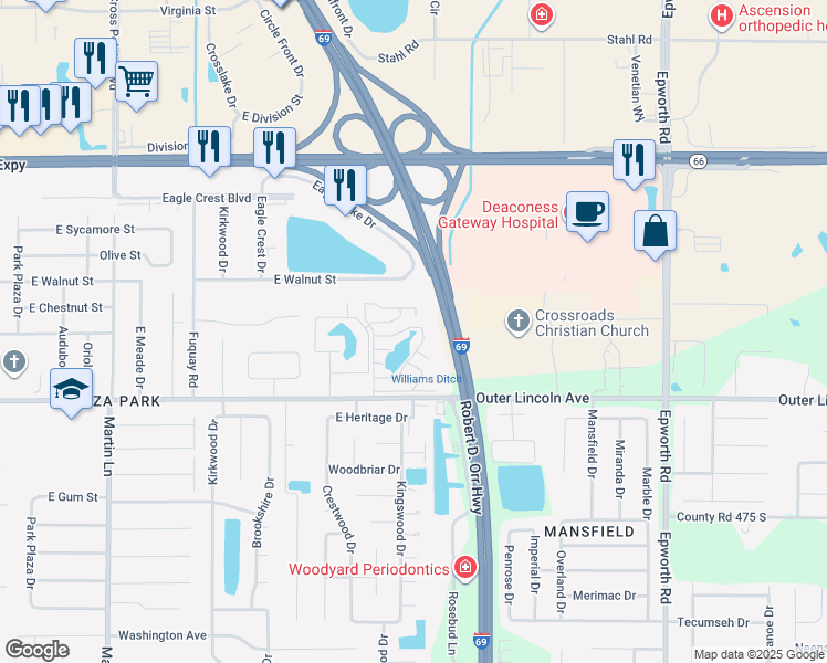 map of restaurants, bars, coffee shops, grocery stores, and more near 8376 Lincoln Avenue in Evansville
