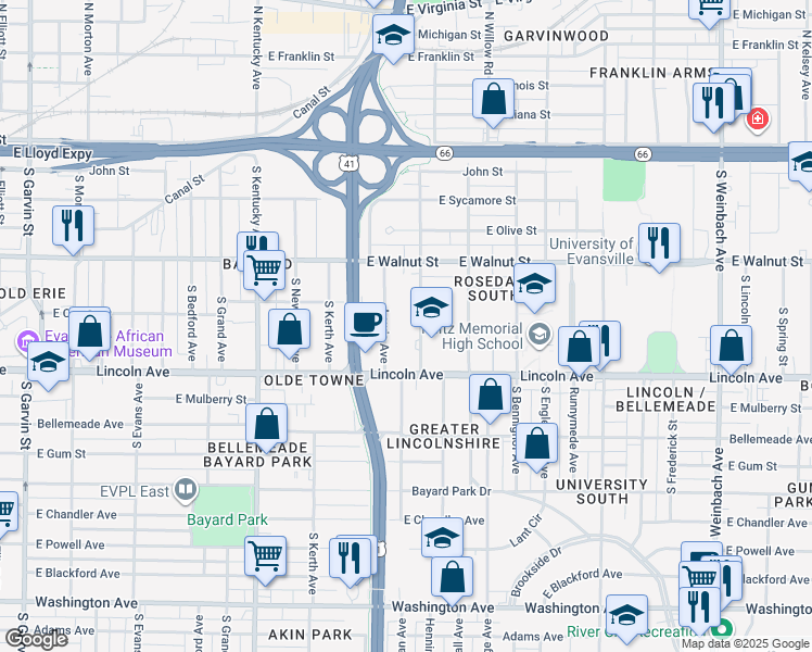 map of restaurants, bars, coffee shops, grocery stores, and more near 1236 Lincoln Avenue in Evansville