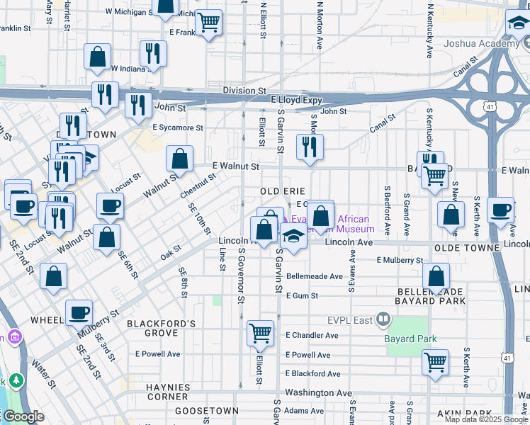 map of restaurants, bars, coffee shops, grocery stores, and more near 401 Jeanette Benton Drive in Evansville