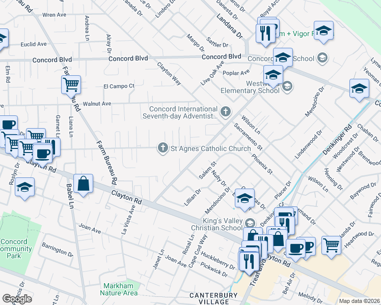 map of restaurants, bars, coffee shops, grocery stores, and more near 4044 Chestnut Avenue in Concord