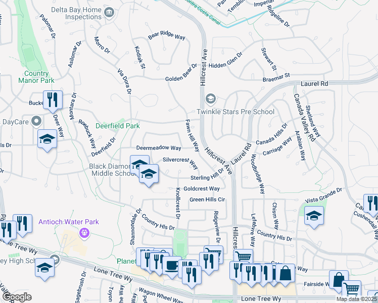 map of restaurants, bars, coffee shops, grocery stores, and more near 4652 Deermeadow Way in Antioch