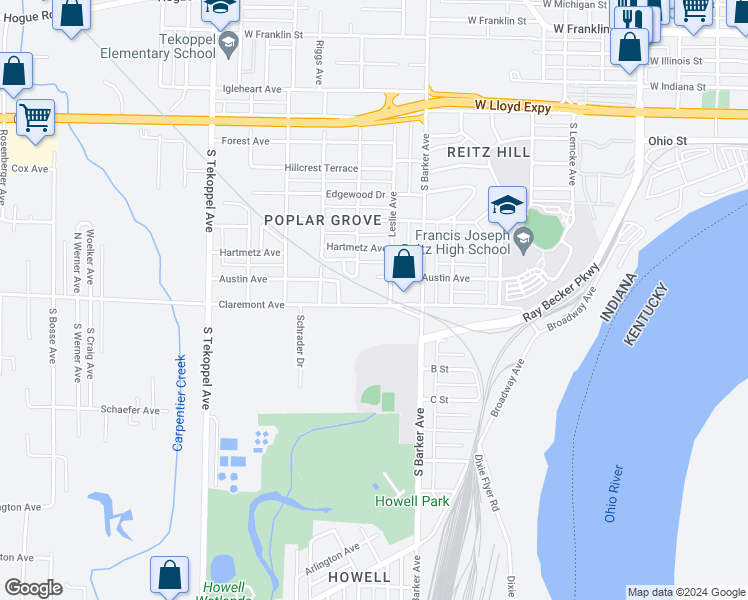 map of restaurants, bars, coffee shops, grocery stores, and more near 3015 Claremont Avenue in Evansville