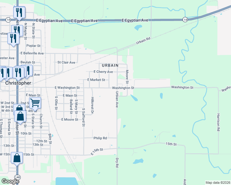 map of restaurants, bars, coffee shops, grocery stores, and more near 7299 Urbian Avenue in Christopher