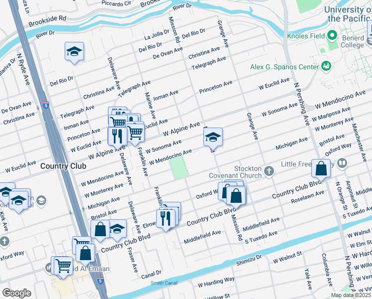 map of restaurants, bars, coffee shops, grocery stores, and more near 2939 Mission Road in Stockton