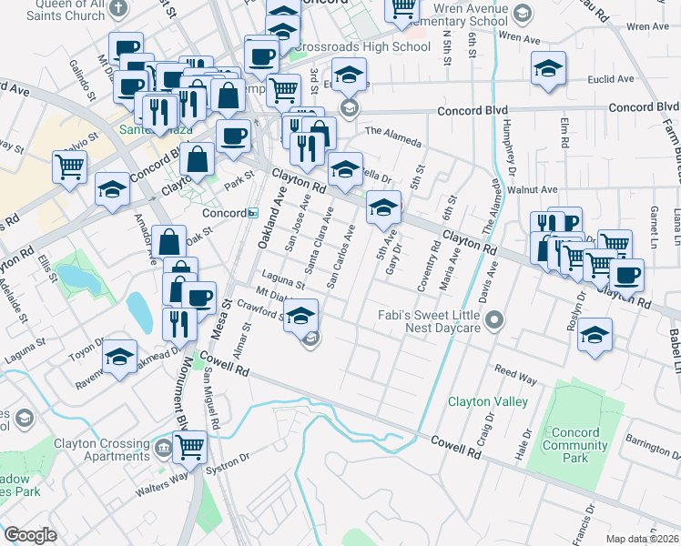 map of restaurants, bars, coffee shops, grocery stores, and more near 1406 San Carlos Avenue in Concord