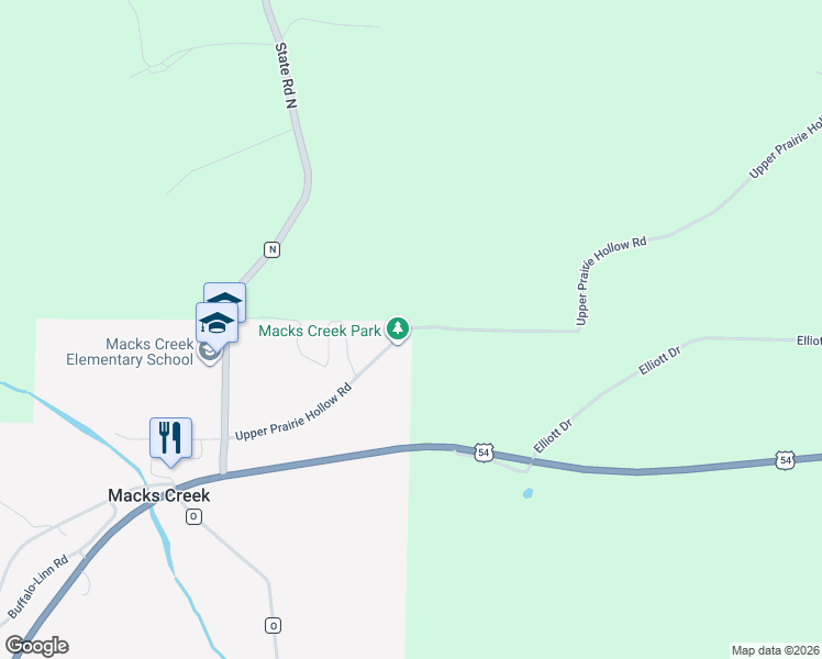 map of restaurants, bars, coffee shops, grocery stores, and more near 2131 Upper Prairie Hollow Rd in Macks Creek