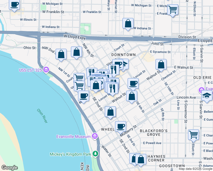 map of restaurants, bars, coffee shops, grocery stores, and more near in Evansville