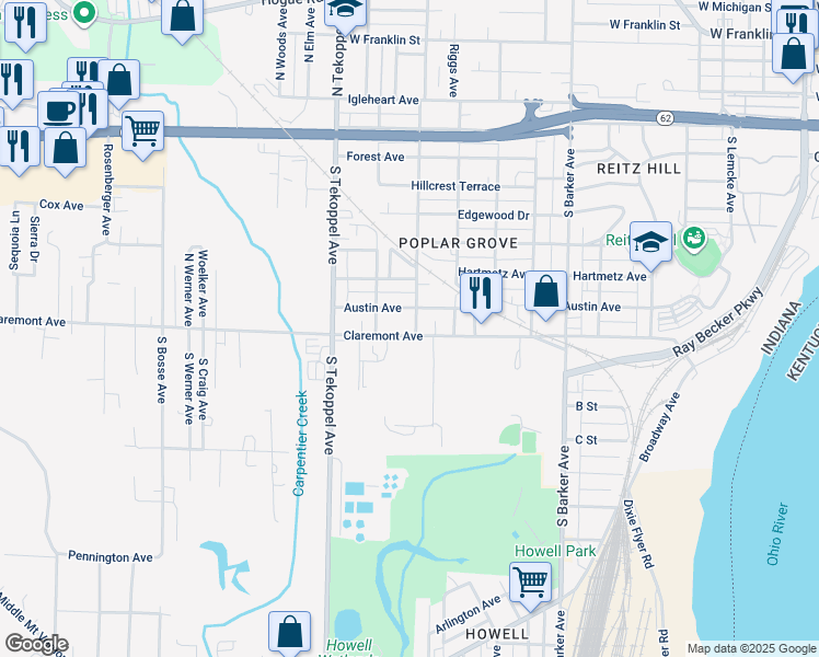 map of restaurants, bars, coffee shops, grocery stores, and more near 3320 Claremont Avenue in Evansville