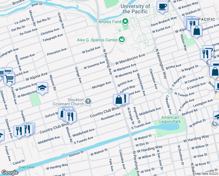 map of restaurants, bars, coffee shops, grocery stores, and more near 1433 Bristol Avenue in Stockton