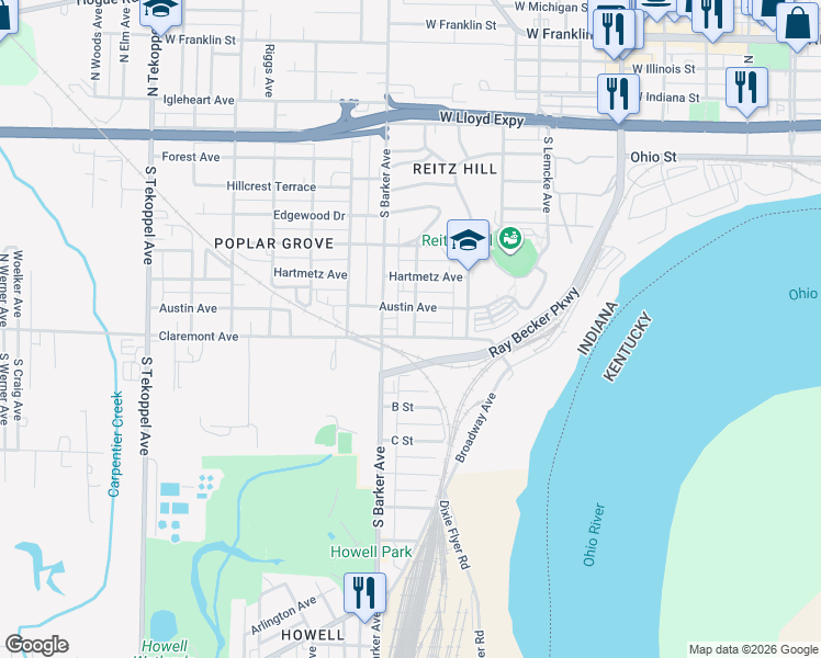 map of restaurants, bars, coffee shops, grocery stores, and more near 2800 Claremont Avenue in Evansville
