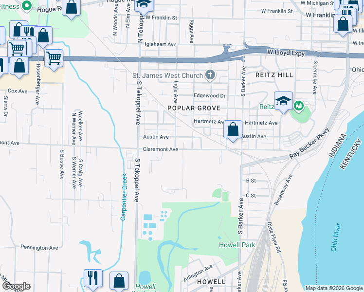 map of restaurants, bars, coffee shops, grocery stores, and more near 500 Schrader Dr in Evansville
