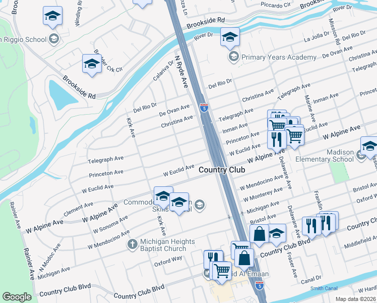 map of restaurants, bars, coffee shops, grocery stores, and more near 3432 Delano Avenue in Stockton