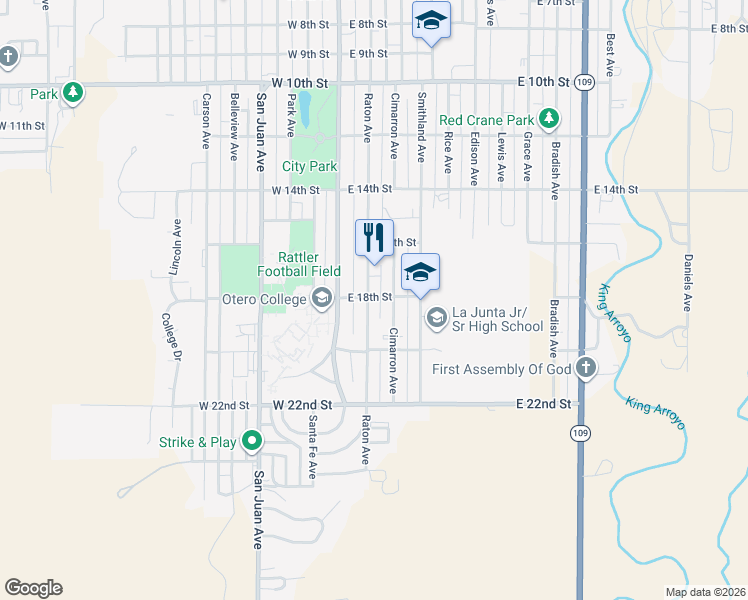 map of restaurants, bars, coffee shops, grocery stores, and more near 1922 Raton Ave in La Junta