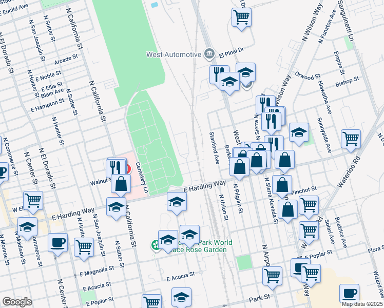 map of restaurants, bars, coffee shops, grocery stores, and more near 942 La Follette Avenue in Stockton