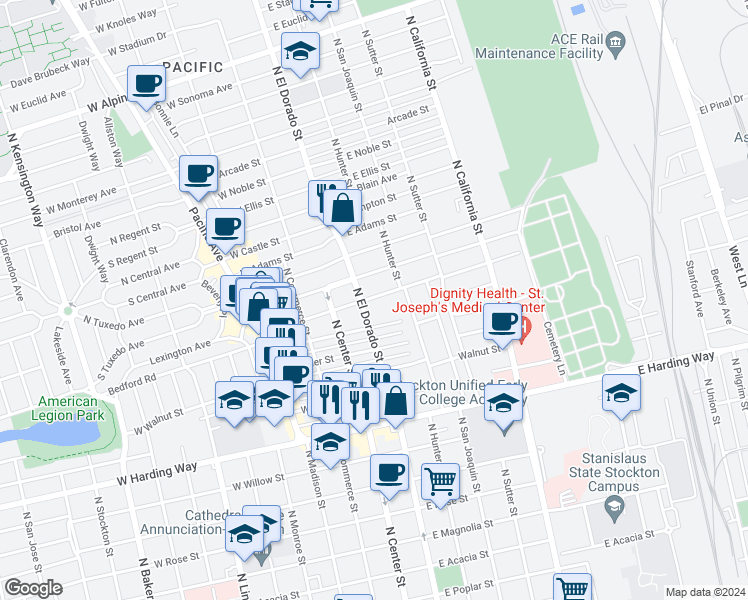 map of restaurants, bars, coffee shops, grocery stores, and more near 125 East Maple Street in Stockton