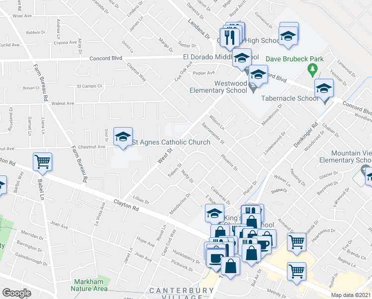 map of restaurants, bars, coffee shops, grocery stores, and more near 4034 Salem Street in Concord