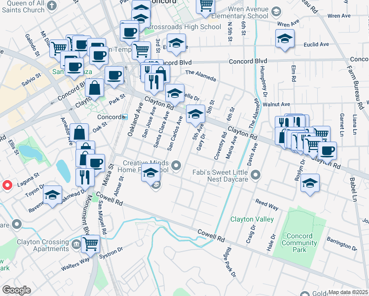 map of restaurants, bars, coffee shops, grocery stores, and more near 2150 5th Avenue in Concord
