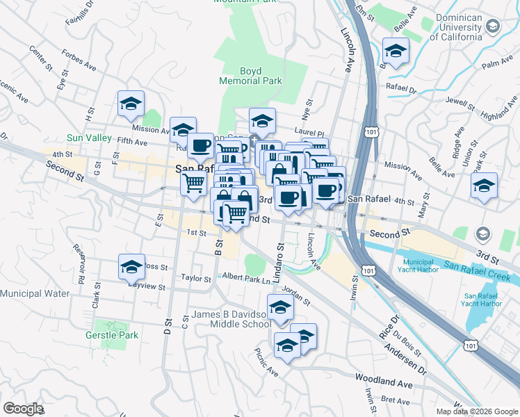 map of restaurants, bars, coffee shops, grocery stores, and more near 1405 2nd Street in San Rafael