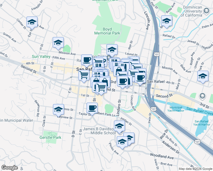 map of restaurants, bars, coffee shops, grocery stores, and more near 1405 2nd Street in San Rafael