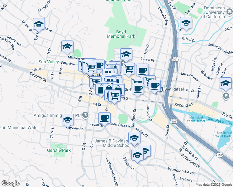 map of restaurants, bars, coffee shops, grocery stores, and more near 739 A Street in San Rafael
