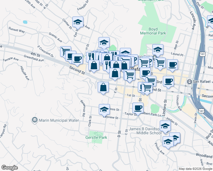 map of restaurants, bars, coffee shops, grocery stores, and more near 16 Welch Street in San Rafael
