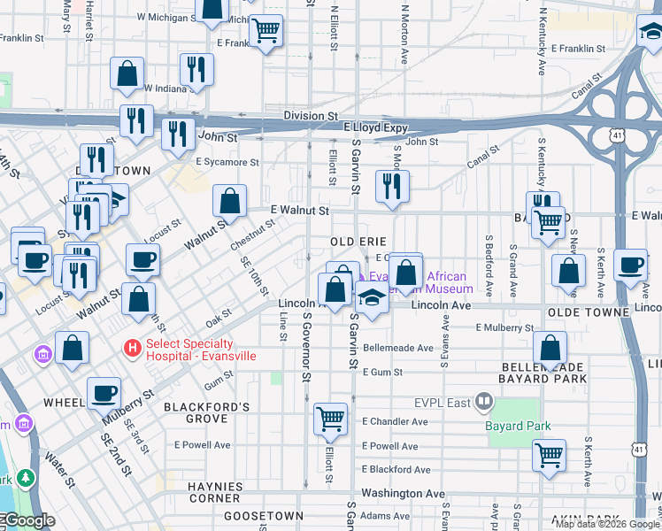 map of restaurants, bars, coffee shops, grocery stores, and more near 401 Jeanette Benton Drive in Evansville
