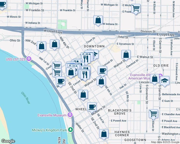map of restaurants, bars, coffee shops, grocery stores, and more near 22 Southeast 5th Street in Evansville