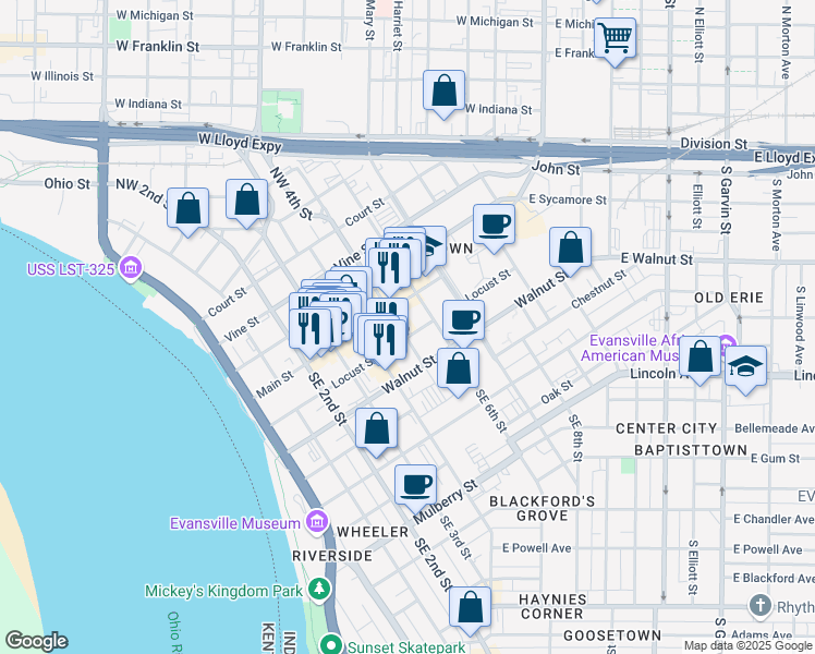 map of restaurants, bars, coffee shops, grocery stores, and more near 22 Southeast 5th Street in Evansville