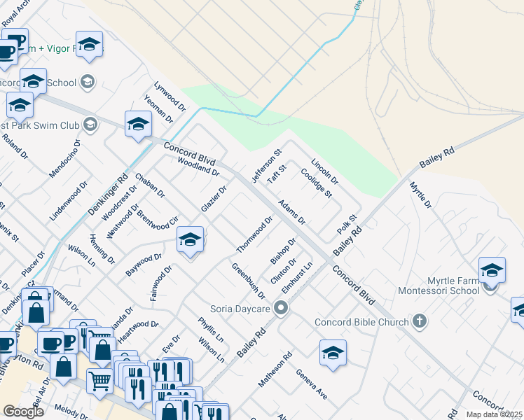 map of restaurants, bars, coffee shops, grocery stores, and more near 4554 Concord Boulevard in Concord