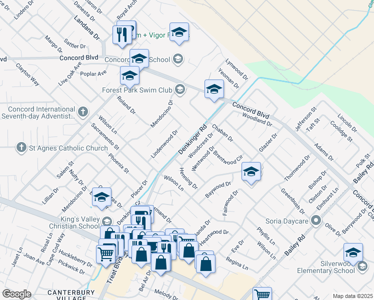 map of restaurants, bars, coffee shops, grocery stores, and more near 1691 Woodcrest Drive in Concord