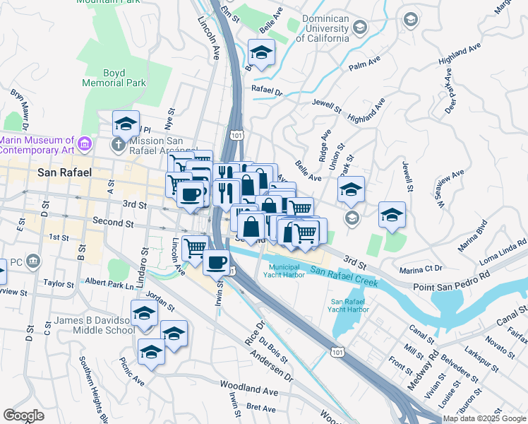 map of restaurants, bars, coffee shops, grocery stores, and more near 440 3rd Street in San Rafael
