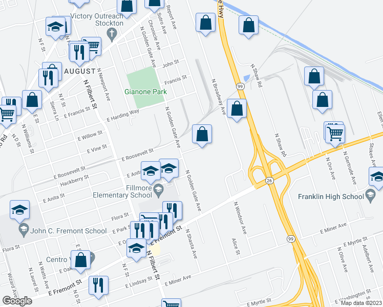 map of restaurants, bars, coffee shops, grocery stores, and more near 3032 East Anita Street in Stockton