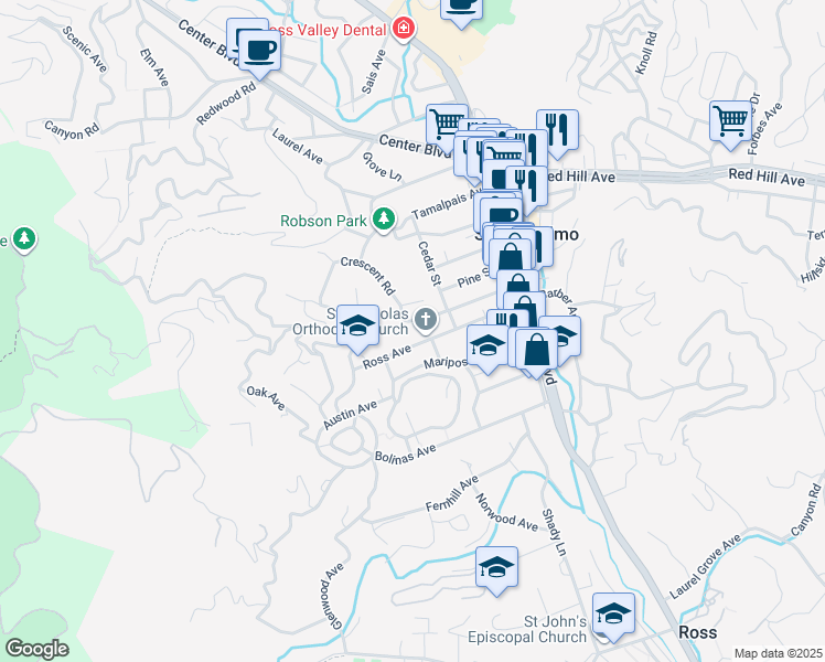 map of restaurants, bars, coffee shops, grocery stores, and more near 108 Ross Avenue in San Anselmo