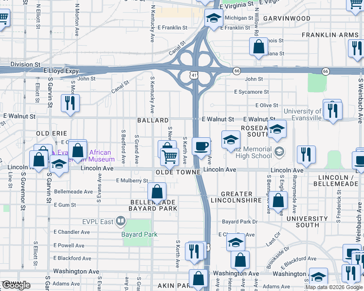 map of restaurants, bars, coffee shops, grocery stores, and more near 532 South Kerth Avenue in Evansville