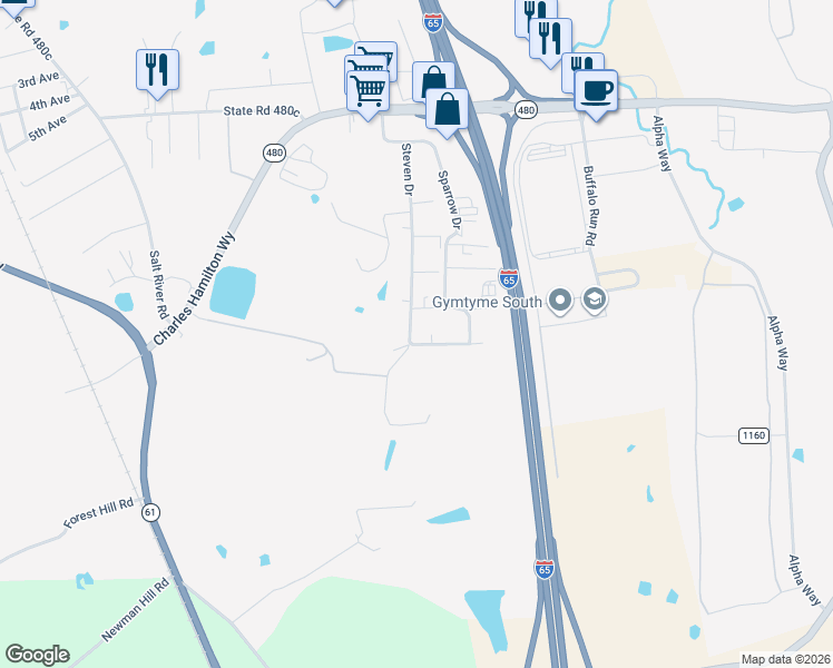 map of restaurants, bars, coffee shops, grocery stores, and more near 111 Johnson Drive in Shepherdsville