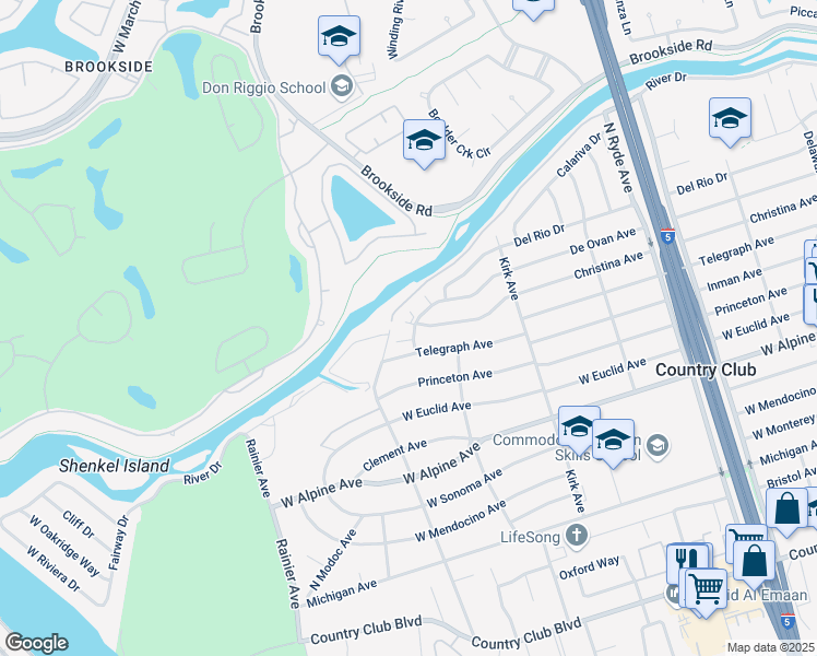 map of restaurants, bars, coffee shops, grocery stores, and more near 3619 De Ovan Avenue in Stockton