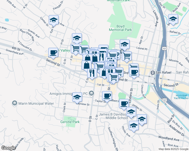 map of restaurants, bars, coffee shops, grocery stores, and more near 712 D Street in San Rafael