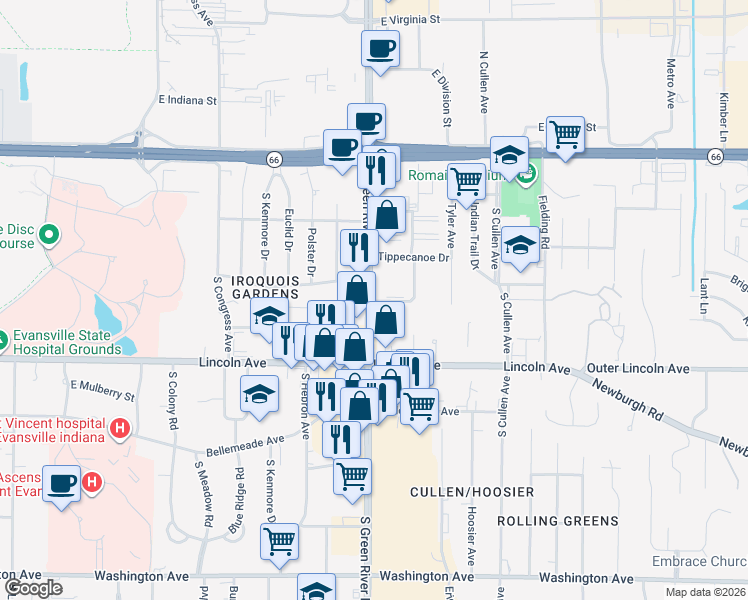 map of restaurants, bars, coffee shops, grocery stores, and more near 464 Shamrock Court in Evansville