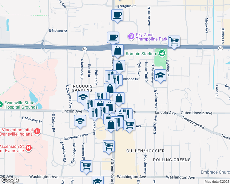 map of restaurants, bars, coffee shops, grocery stores, and more near 320 Shamrock Court in Evansville