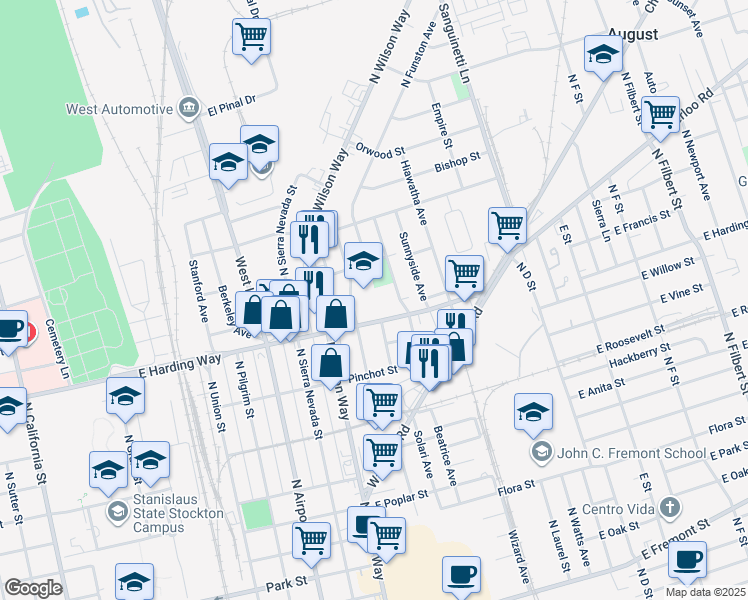map of restaurants, bars, coffee shops, grocery stores, and more near in Stockton