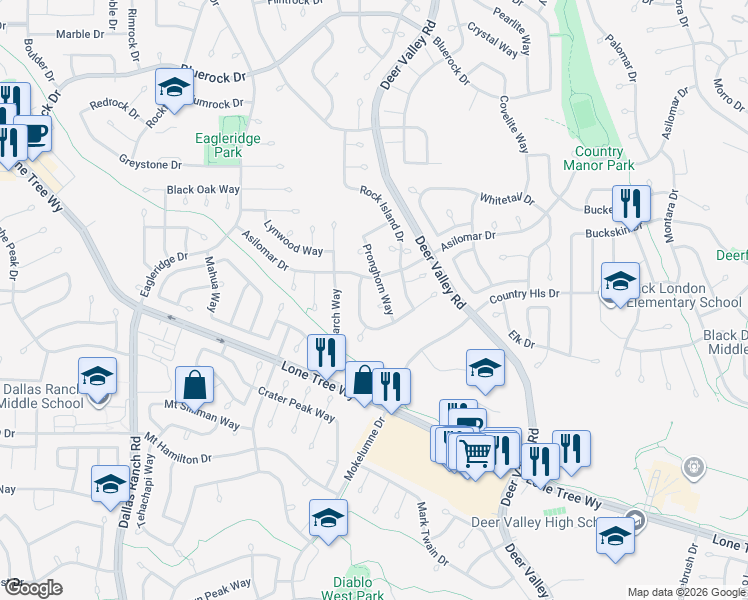 map of restaurants, bars, coffee shops, grocery stores, and more near 4551 Fallow Way in Antioch