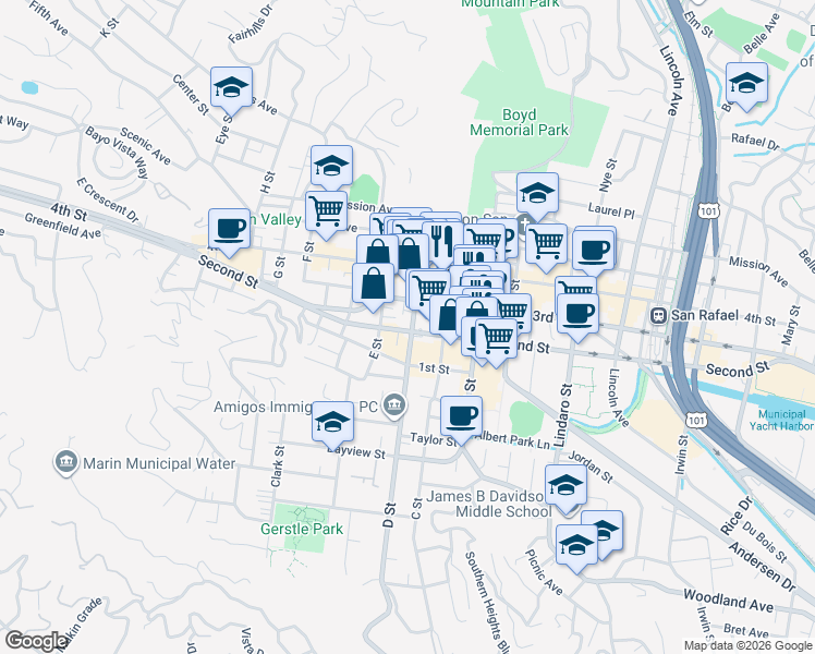 map of restaurants, bars, coffee shops, grocery stores, and more near 712 D Street in San Rafael