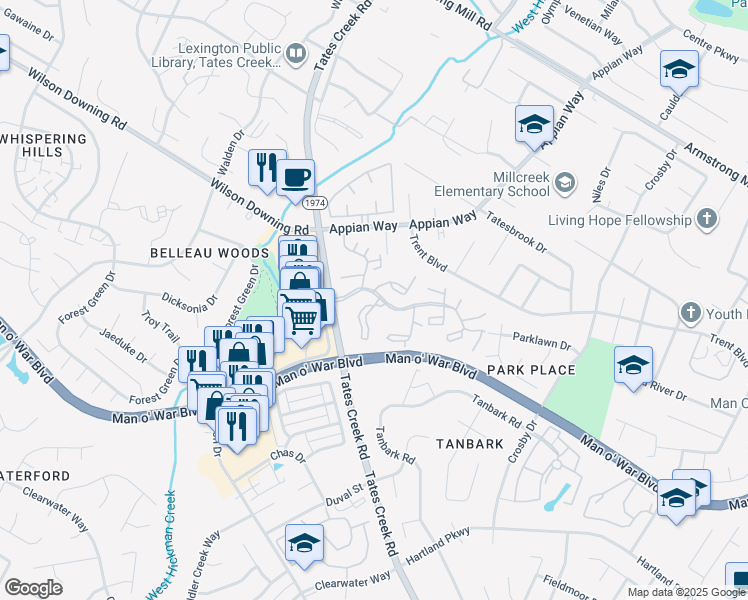 map of restaurants, bars, coffee shops, grocery stores, and more near 4030 Tates Creek Road in Lexington