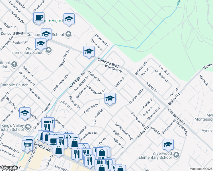 map of restaurants, bars, coffee shops, grocery stores, and more near 4273 Chaban Drive in Concord