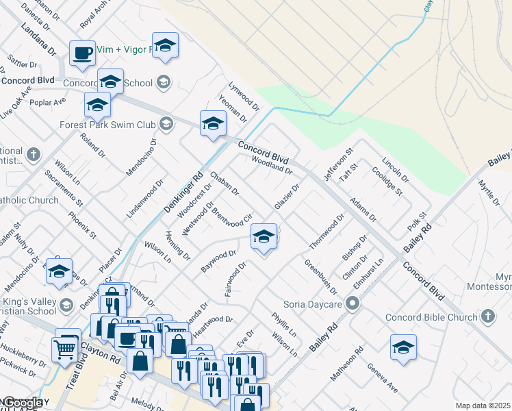 map of restaurants, bars, coffee shops, grocery stores, and more near 4273 Chaban Drive in Concord