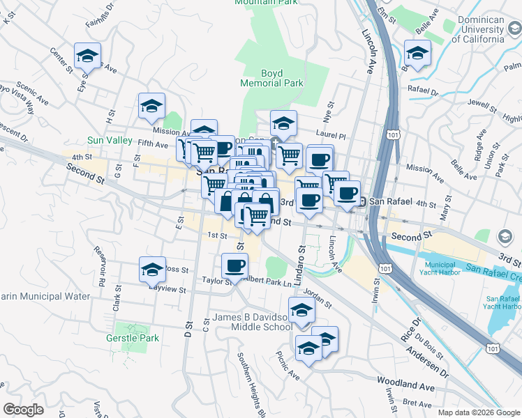 map of restaurants, bars, coffee shops, grocery stores, and more near 739 A Street in San Rafael