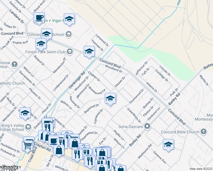 map of restaurants, bars, coffee shops, grocery stores, and more near 4273 Chaban Drive in Concord