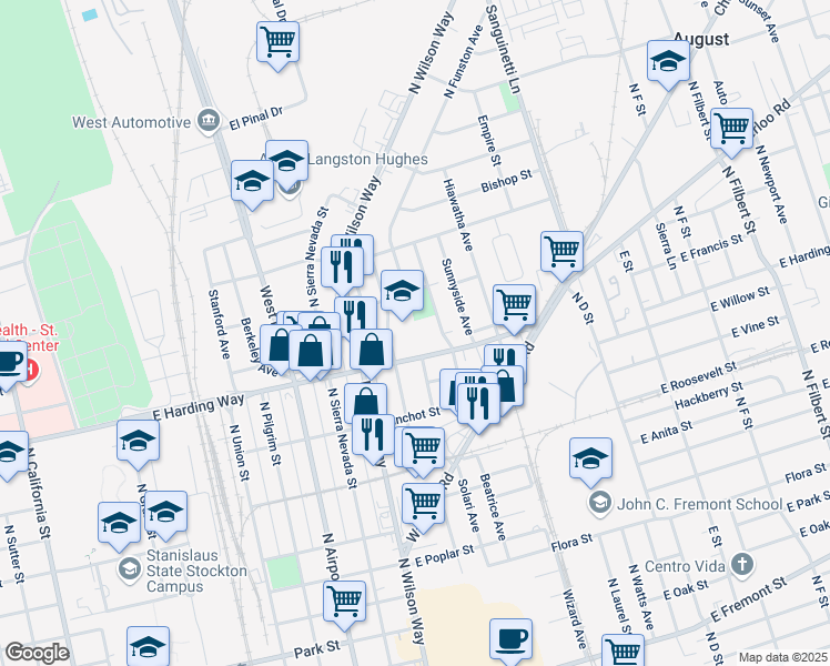 map of restaurants, bars, coffee shops, grocery stores, and more near 1550 School Avenue in Stockton