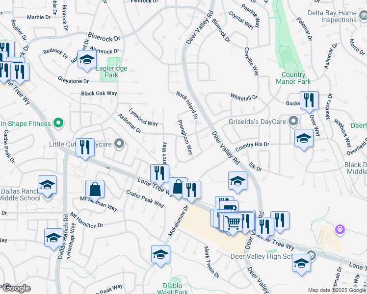 map of restaurants, bars, coffee shops, grocery stores, and more near 4504 Muledeer Court in Antioch