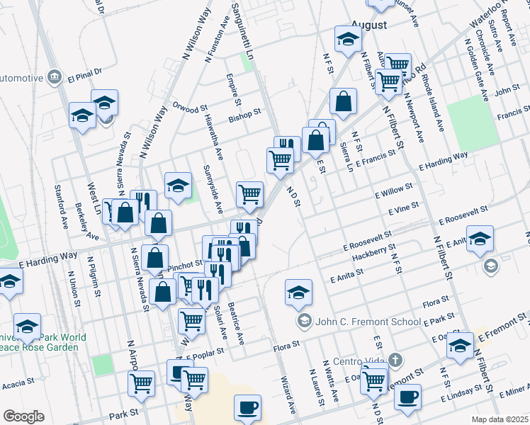 map of restaurants, bars, coffee shops, grocery stores, and more near E Harding Way & Waterloo Rd in Stockton